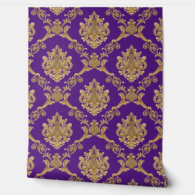 Belgian Damask Gold on Imperial Purple Designer  Wallpaper (Unrolling)