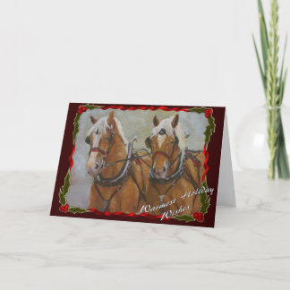 Belgian Draught   horse team Holiday card on red