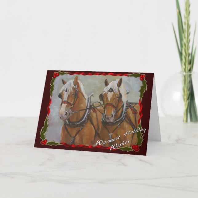 Belgian Draught   horse team Holiday card on red (Front)