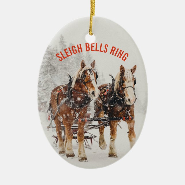 Belgian Horse Team Sleigh Bells Ring Ceramic Tree Decoration (Front)