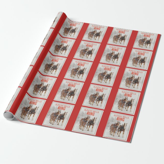 Belgian Horse Team Sleigh Bells Ring Pattern Wrapping Paper (Unrolled)