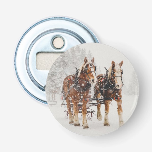 Belgian Horse Team Wintery Christmas Scene Bottle Opener (Front)