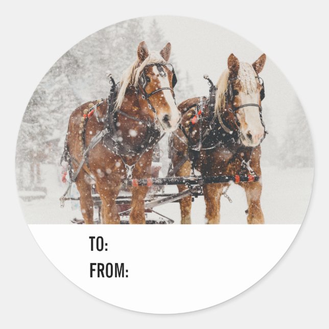 Belgian Horse Team Wintery Christmas Scene Classic Round Sticker (Front)