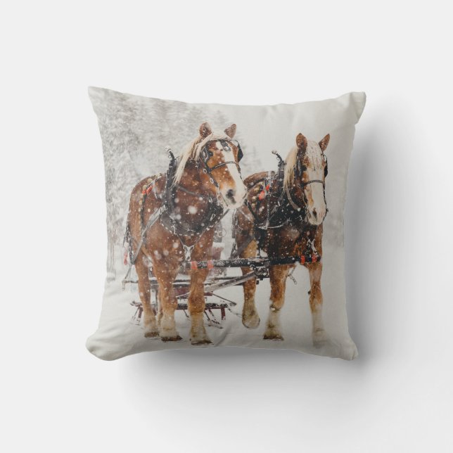 Belgian Horse Team Wintery Christmas Scene Cushion (Front)