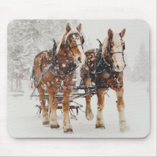 Belgian Horse Team Wintery Christmas Scene Mouse Mat