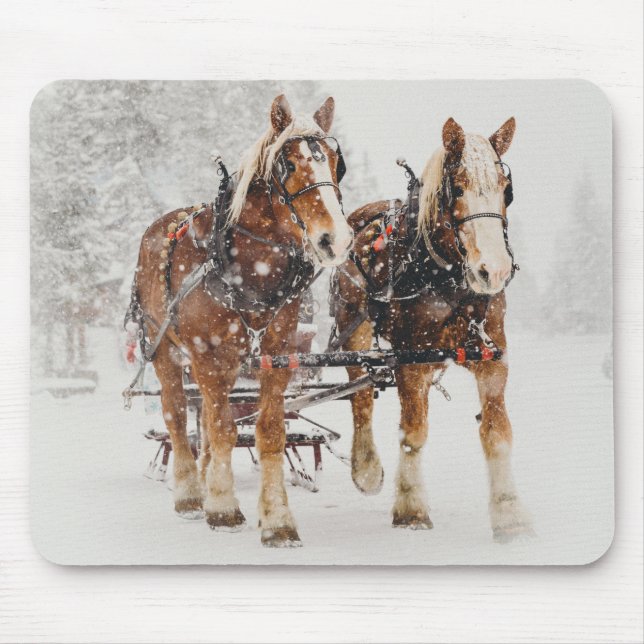 Belgian Horse Team Wintery Christmas Scene Mouse Mat (Front)