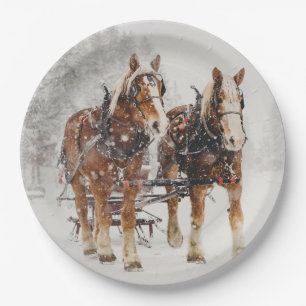 Belgian Horse Team Wintery Christmas Scene Paper Plate