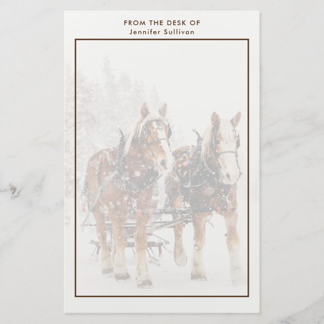 Belgian Horse Team Wintery Christmas Scene Stationery (Front)