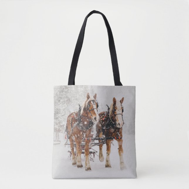 Belgian Horse Team Wintery Christmas Scene Tote Bag (Front)