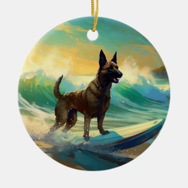 Belgian Malinoi Beach Surfing Painting Ceramic Tree Decoration (Front)