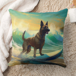 Belgian Malinoi Beach Surfing Painting Cushion