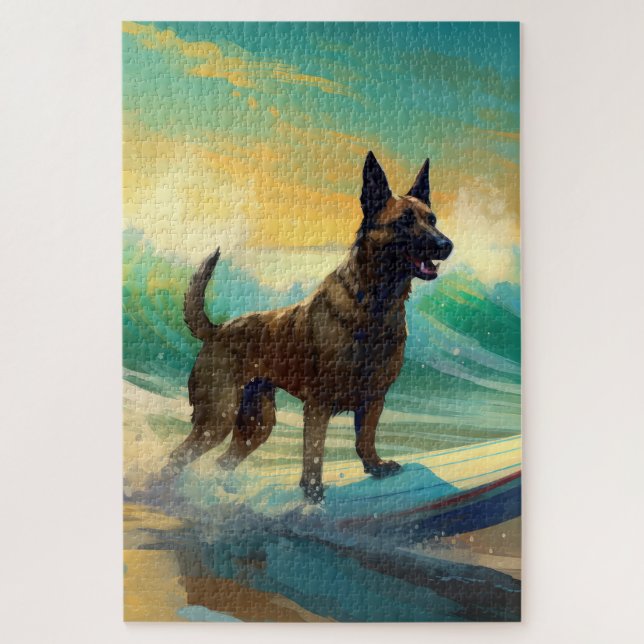 Belgian Malinoi Beach Surfing Painting Jigsaw Puzzle (Vertical)