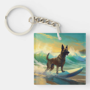 Belgian Malinoi Beach Surfing Painting Key Ring