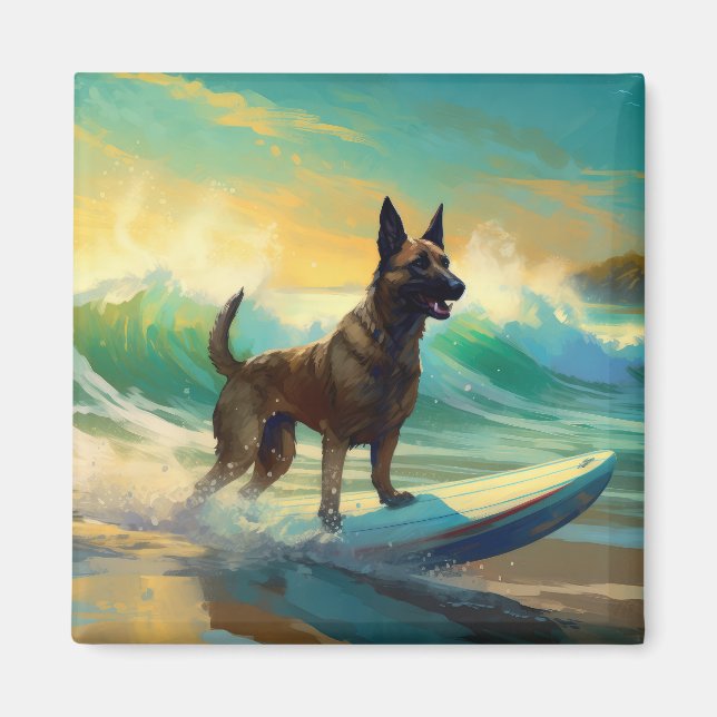 Belgian Malinoi Beach Surfing Painting Magnet (Front)