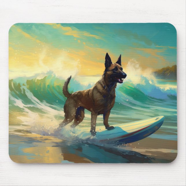 Belgian Malinoi Beach Surfing Painting Mouse Mat (Front)