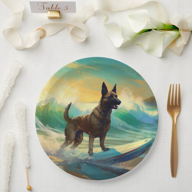 Belgian Malinoi Beach Surfing Painting Paper Plate (Wedding)