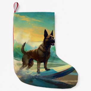 Belgian Malinoi Beach Surfing Painting Small Christmas Stocking