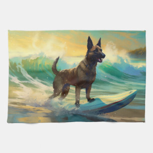 Belgian Malinoi Beach Surfing Painting Tea Towel