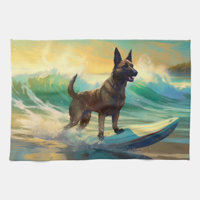Belgian Malinoi Beach Surfing Painting Tea Towel (Horizontal)