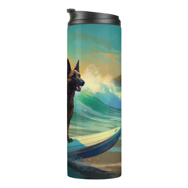 Belgian Malinoi Beach Surfing Painting Thermal Tumbler (Rotated Right)