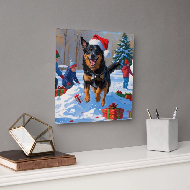Belgian Malinoi Christmas Festive Snow Scene Square Wall Clock (Office)
