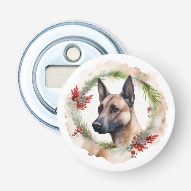 Belgian Malinoi Christmas Wreath Festive Pup  Bottle Opener (Front)