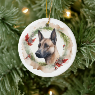 Belgian Malinoi Christmas Wreath Festive Pup  Ceramic Tree Decoration