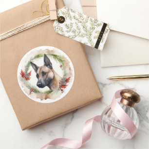 Belgian Malinoi Christmas Wreath Festive Pup  Classic Round Sticker