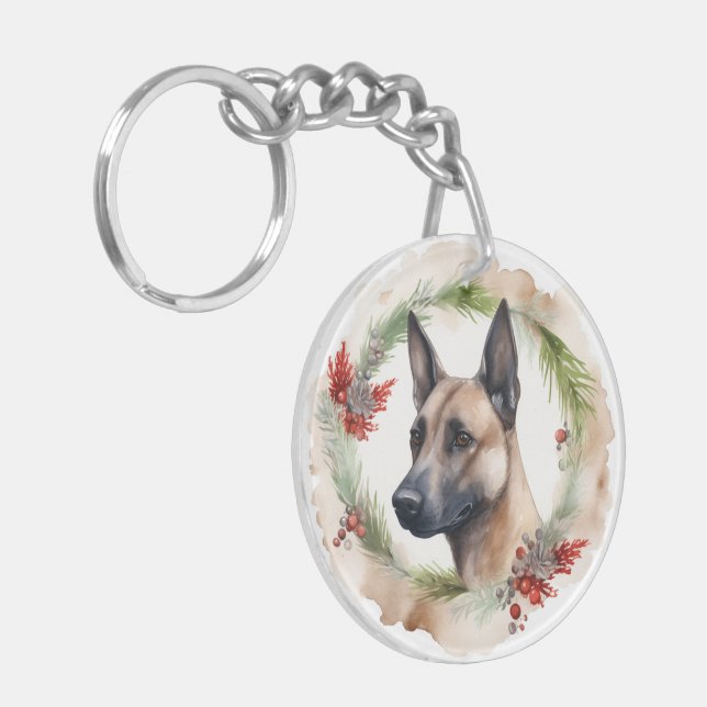 Belgian Malinoi Christmas Wreath Festive Pup  Key Ring (Front Left)