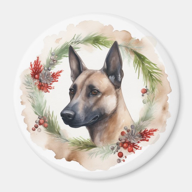 Belgian Malinoi Christmas Wreath Festive Pup  Magnet (Front)