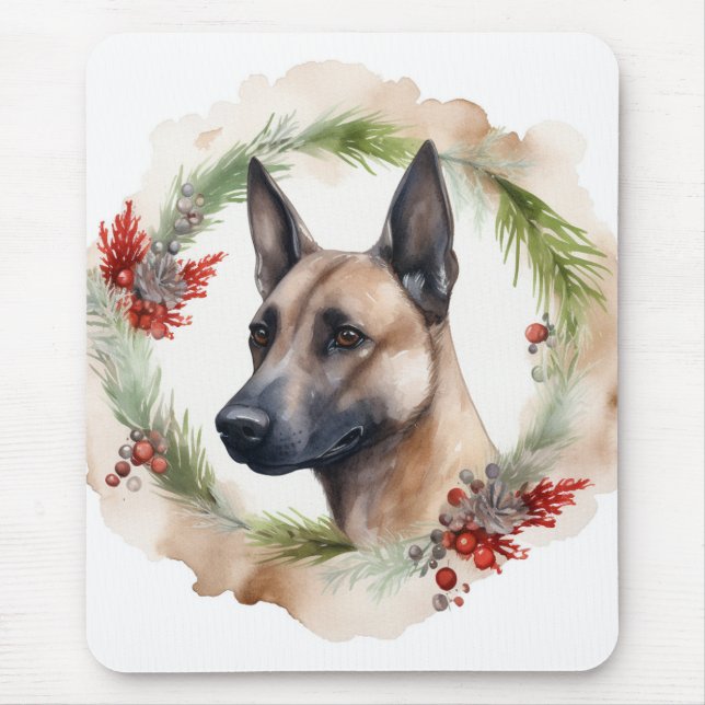 Belgian Malinoi Christmas Wreath Festive Pup  Mouse Mat (Front)
