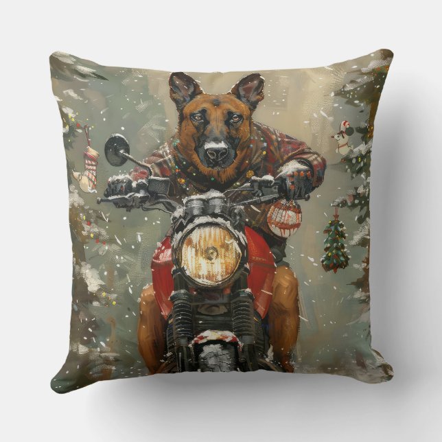 Belgian Malinoi Dog Riding Motorcycle Christmas  Cushion (Back)