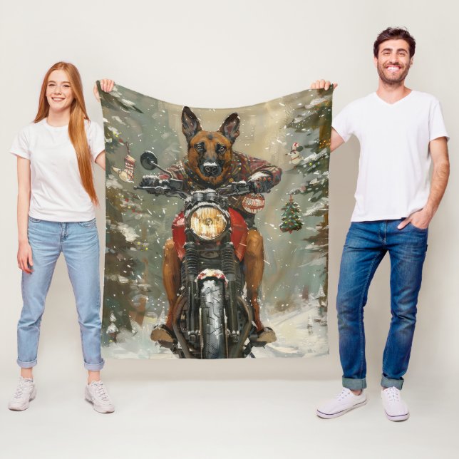 Belgian Malinoi Dog Riding Motorcycle Christmas  Fleece Blanket (In Situ)