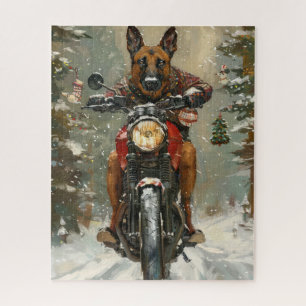Belgian Malinoi Dog Riding Motorcycle Christmas Jigsaw Puzzle