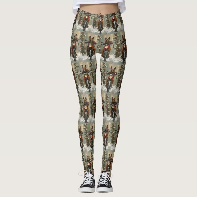 Belgian Malinoi Dog Riding Motorcycle Christmas  Leggings (Front)