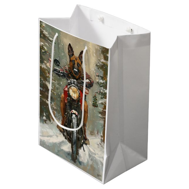 Belgian Malinoi Dog Riding Motorcycle Christmas  Medium Gift Bag (Front Angled)