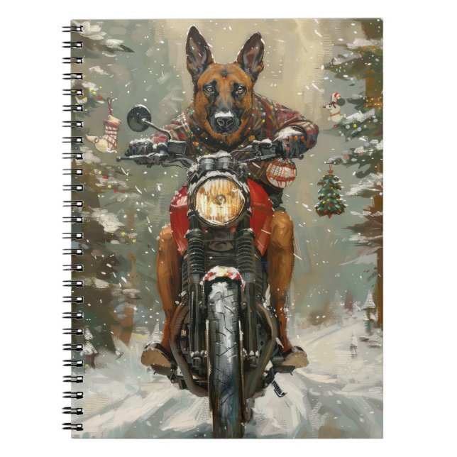 Belgian Malinoi Dog Riding Motorcycle Christmas  Notebook (Front)