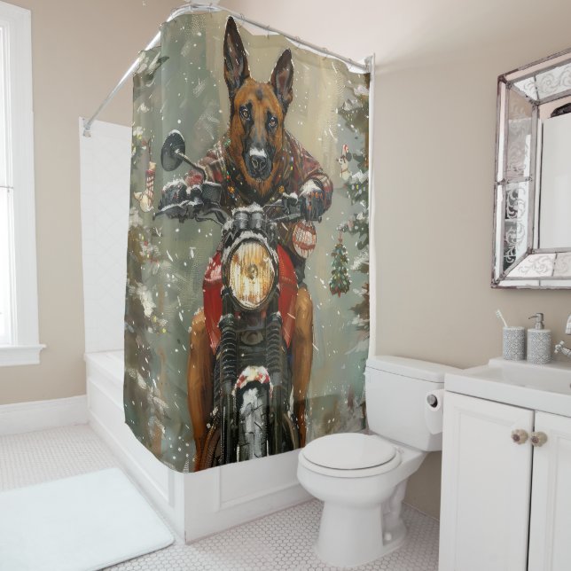 Belgian Malinoi Dog Riding Motorcycle Christmas  Shower Curtain (In Situ)