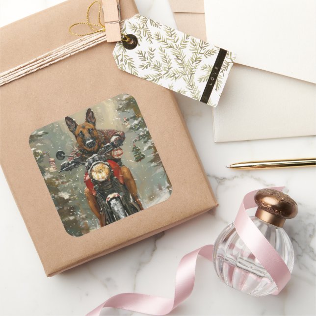 Belgian Malinoi Dog Riding Motorcycle Christmas  Square Sticker (Gifting)