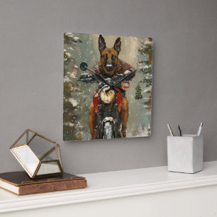 Belgian Malinoi Dog Riding Motorcycle Christmas Square Wall Clock