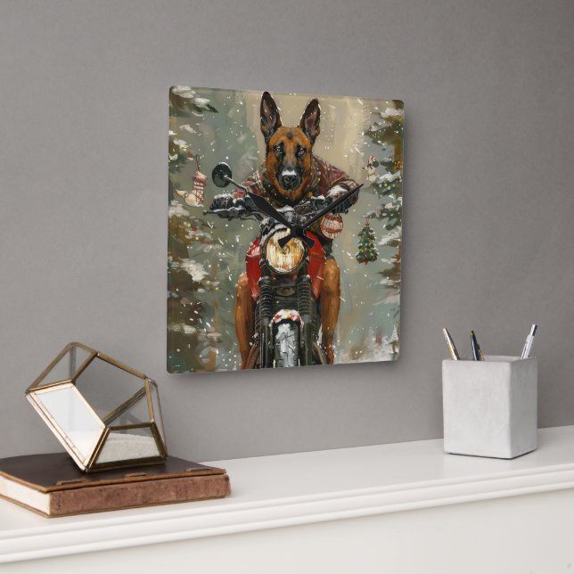 Belgian Malinoi Dog Riding Motorcycle Christmas  Square Wall Clock (Office)