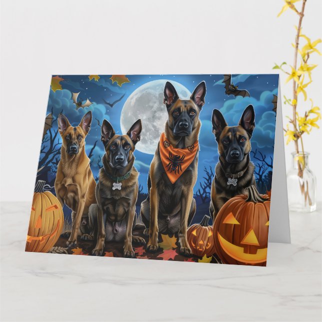 Belgian Malinoi Halloween Spooky Card (Yellow Flower)