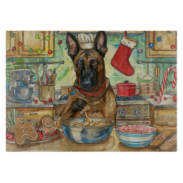 Belgian Malinoi Holiday Baking: Festive Christmas Cutting Board (Front)