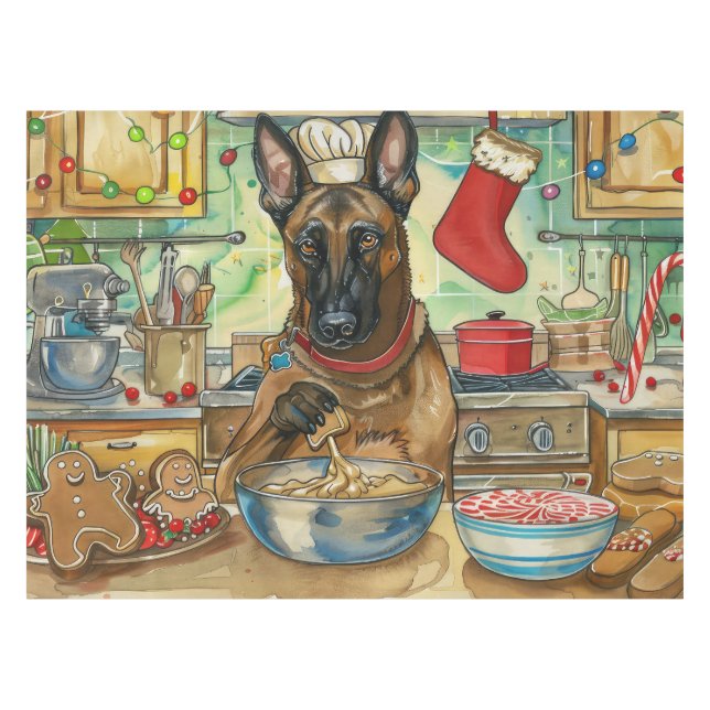 Belgian Malinoi Holiday Baking: Festive Christmas Tablecloth (Front (Horizontal))