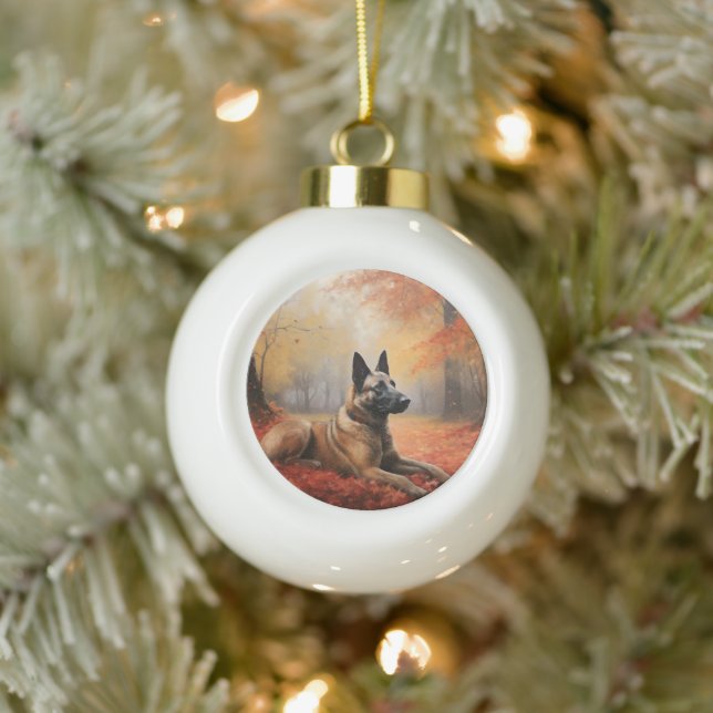 Belgian Malinoi in Autumn Leaves Fall Inspire  Ceramic Ball Christmas Ornament (Tree)