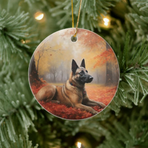 Belgian Malinoi in Autumn Leaves Fall Inspire  Ceramic Tree Decoration