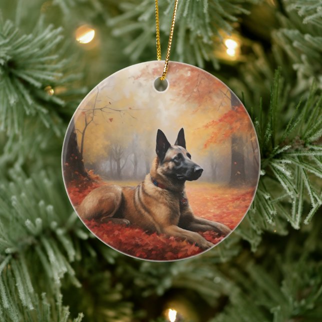 Belgian Malinoi in Autumn Leaves Fall Inspire  Ceramic Tree Decoration (Tree)