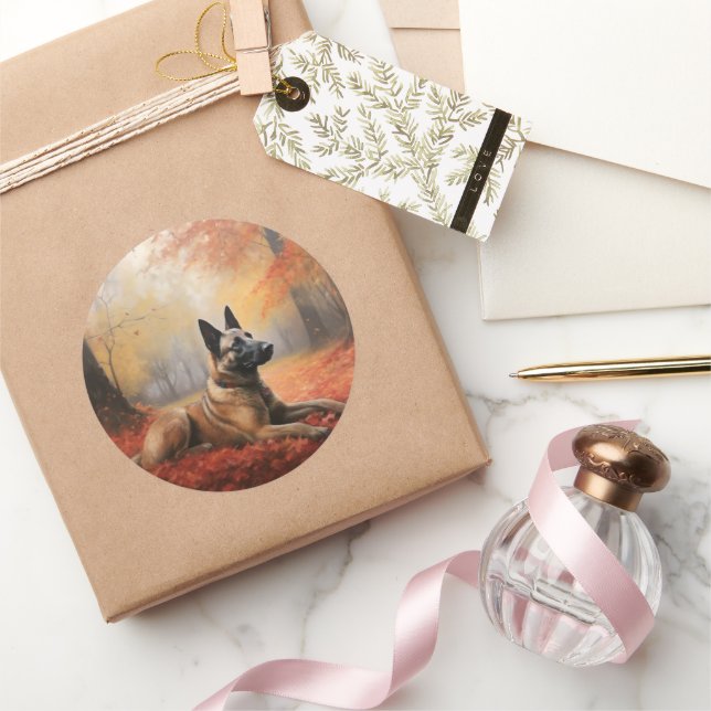 Belgian Malinoi in Autumn Leaves Fall Inspire  Classic Round Sticker (Gifting)