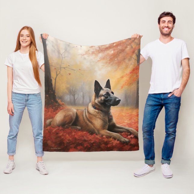 Belgian Malinoi in Autumn Leaves Fall Inspire  Fleece Blanket (In Situ)