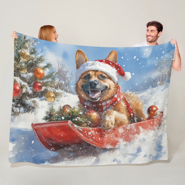 Belgian Malinoi in Sledge Let it Snow Christmas Fleece Blanket (In Situ)